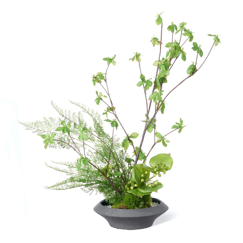 寄せ植え盆栽 平皿 ドウダンツツジ (フェイクグリーン テーブル