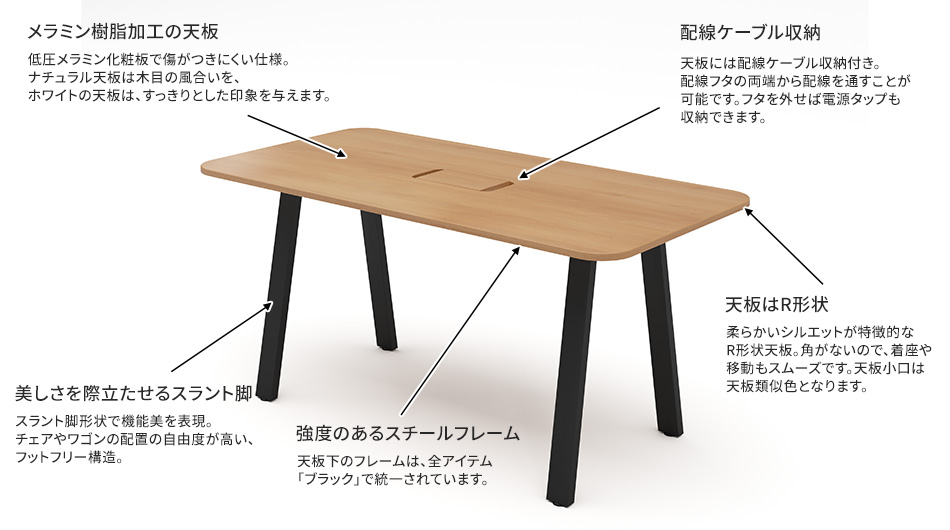 MRテーブル スタンダード天板 幅160×奥行80×高さ72cm 配線収納付き(角Rタイプ)2