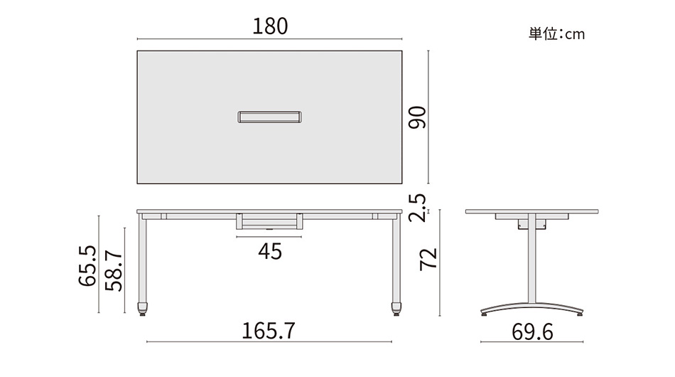 ロンナ 長方形テーブル/ホワイトT字脚 幅180×奥行90cm 会議テーブル 配線口付9